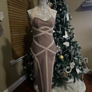 BRAND NEW! NEVER WORN! Elegant Fashion Nova Taupe & Beige Bandage Dress
